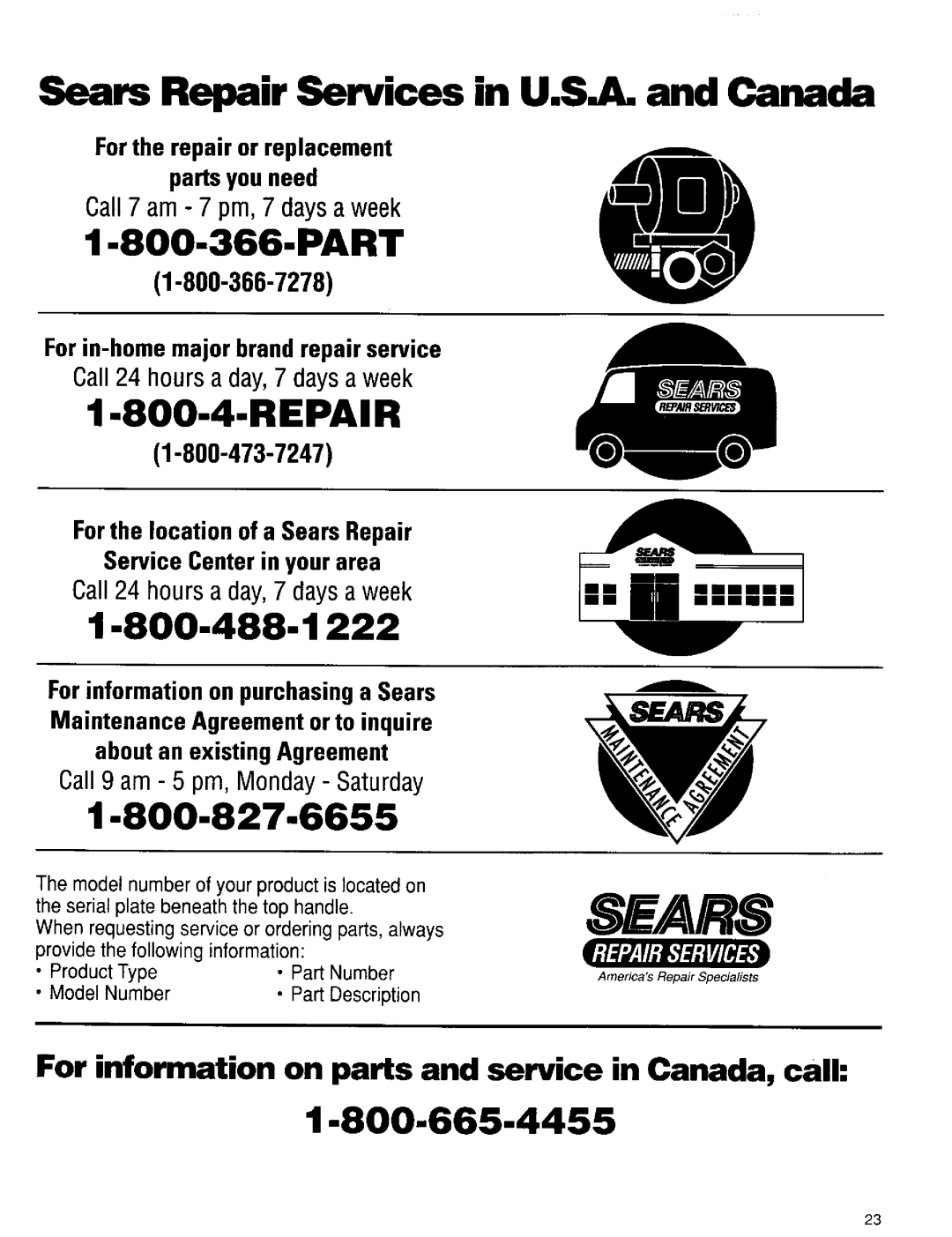 Kenmore 15835, 15831, 15838 manual Sears Repair Services in U.SL and Canada, 800-488-1 