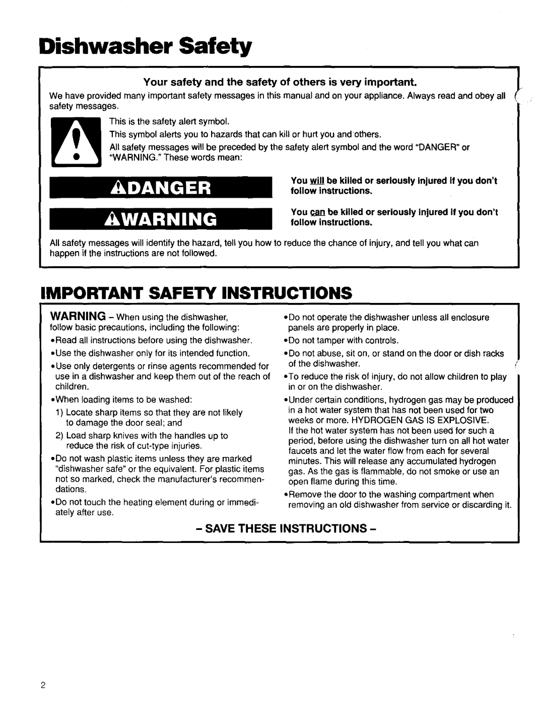 Kenmore 15835, 15831, 15838 manual Dishwasher Safety, Your safety and the safety of others is very important 