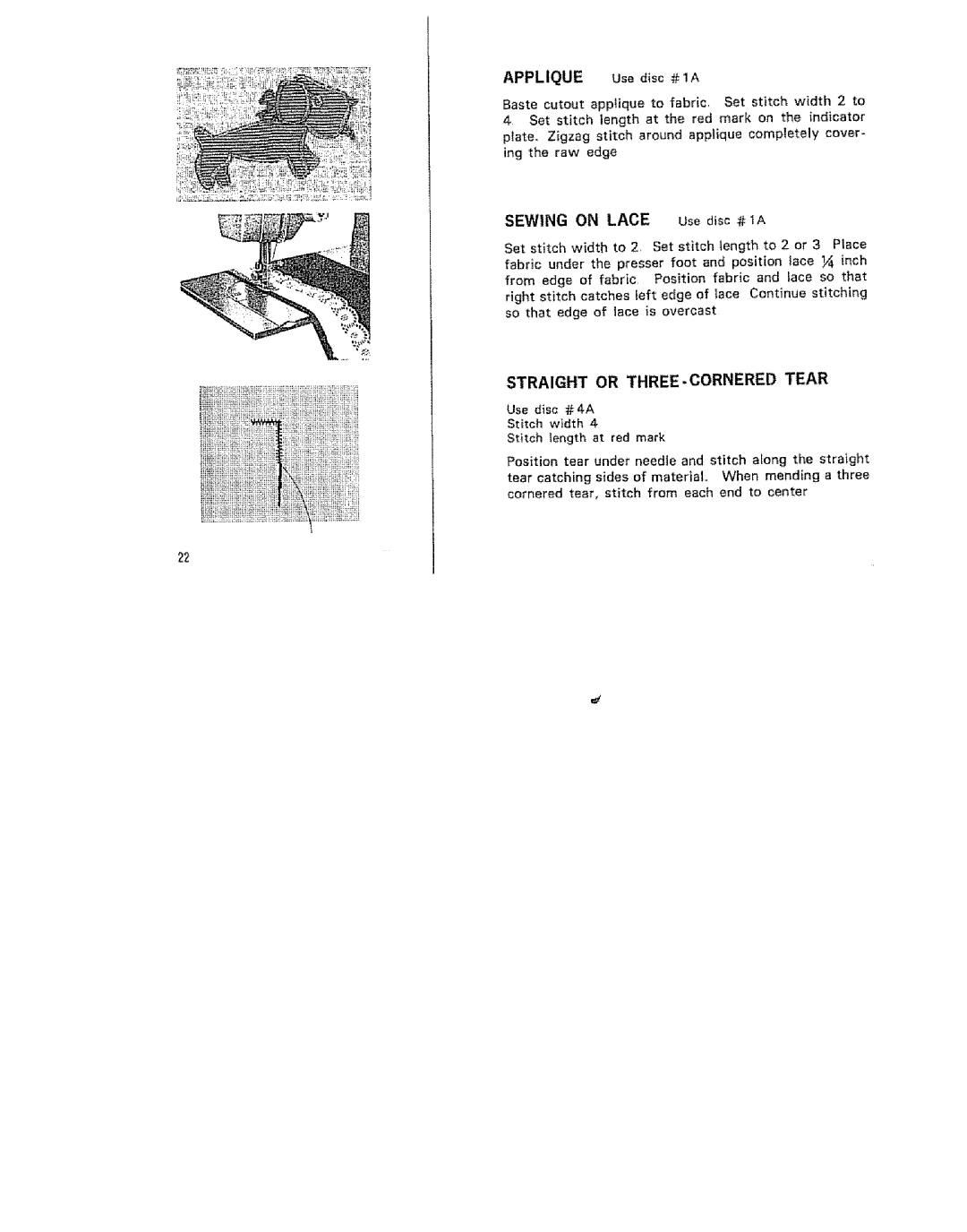 Kenmore 15/I649 manual Applique use disc#1A, Straight or THREE-CORNERED Tear 