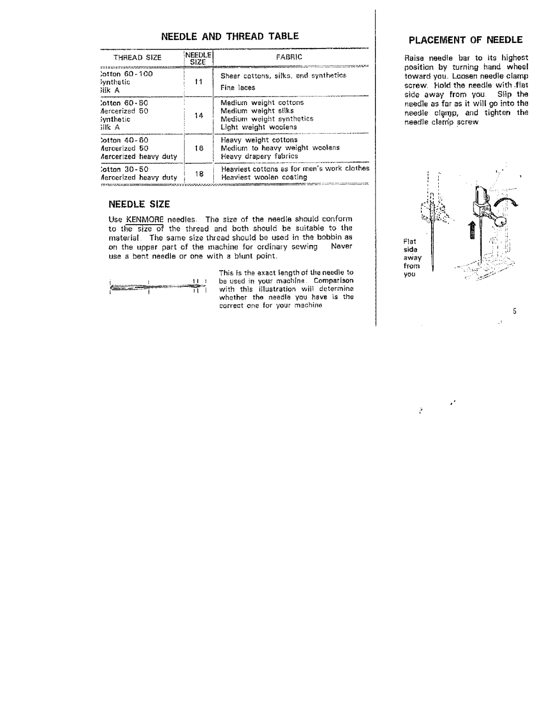 Kenmore 15/I649 manual Needle and Thread, Placement of Needle, Ynthetic lk a, Ordinary 