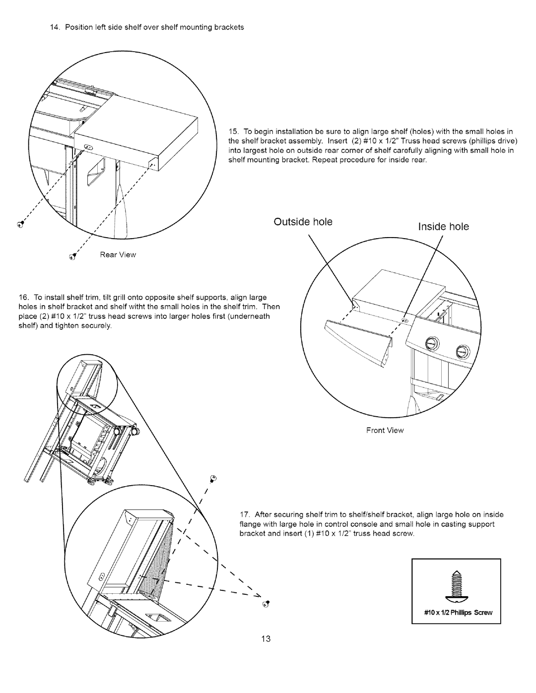 Kenmore 16238 manual Outside hole Inside hole 