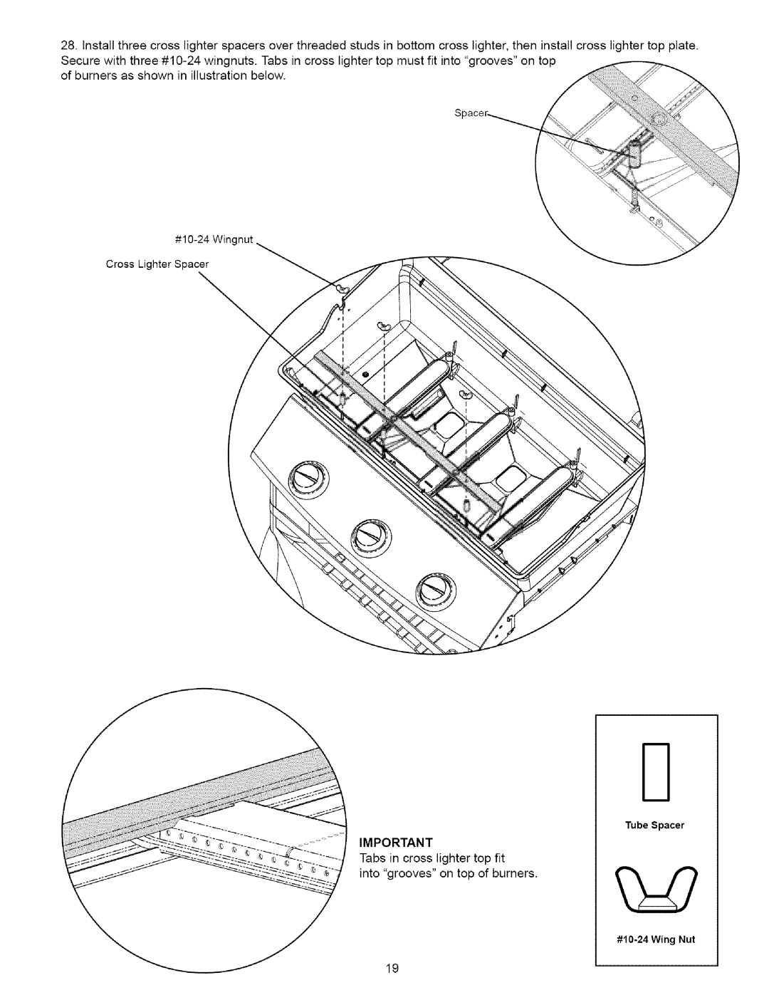 Kenmore 16238 manual Tabs in cross lighter top fit Into grooves on top of burners 