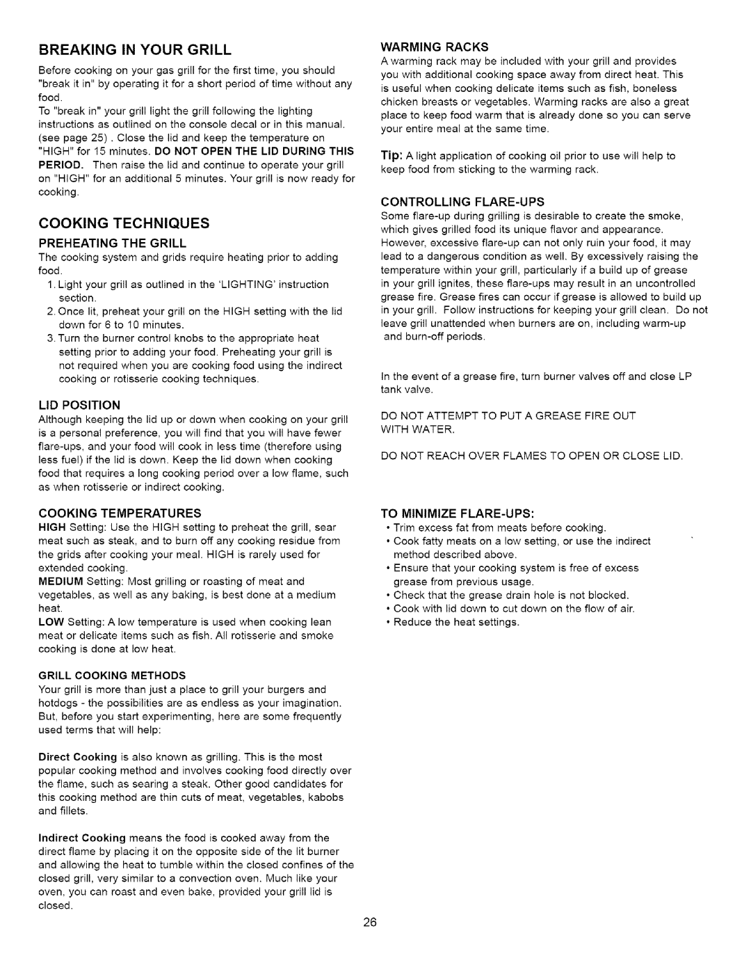 Kenmore 16238 manual Breaking in Your Grill, Cooking Techniques, Cooking Temperatures, Grill Cooking Methods 