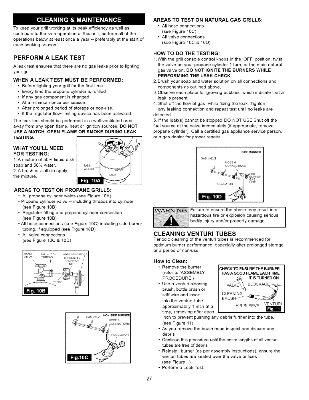 Kenmore 16238 manual Perform a Leak Test, Cleaning Venturi Tubes, Lillll 