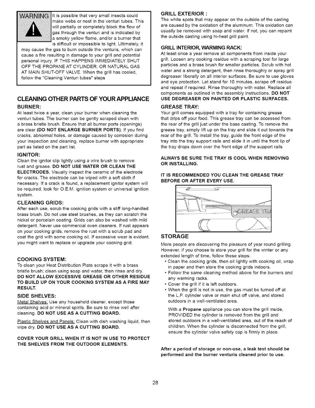 Kenmore 16238 manual Cleaning Other Parts of Your Appliance, Cooking System, Grill INTERIOR, Warming Rack, Grease Tray 