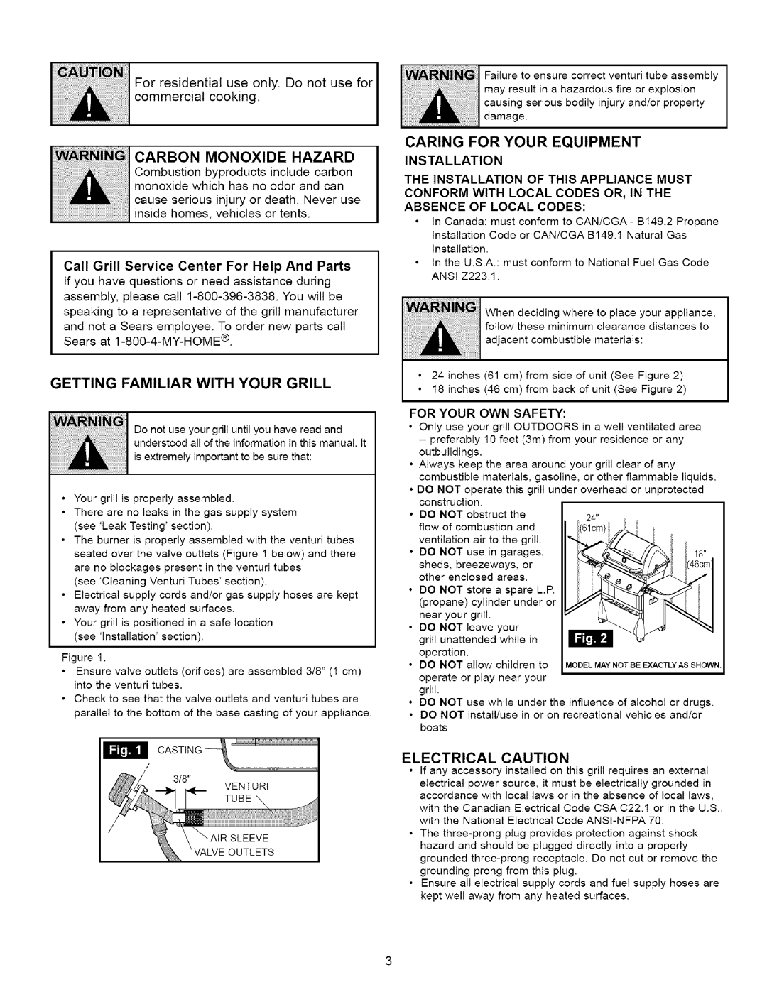 Kenmore 16238 Carbon Monoxide Hazard, Caring for Your Equipment, Getting Familiar with Your Grill, Electrical Caution 