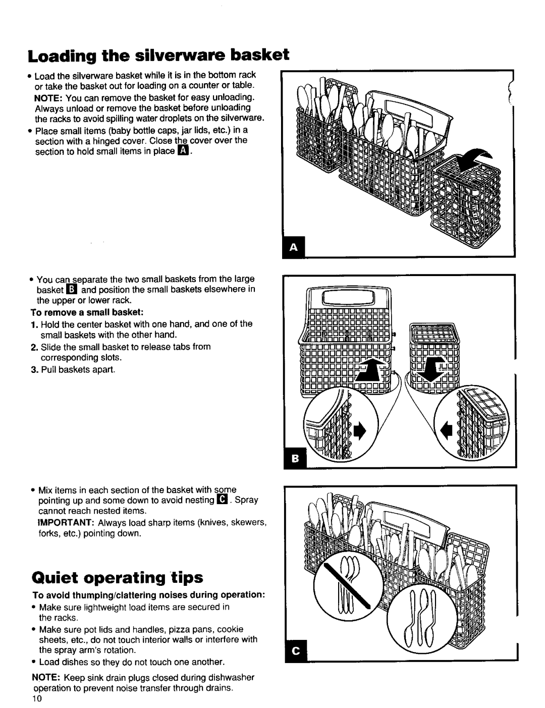 Kenmore 16791 Loading the silverware basket, Quiet operating tips, To avoid thumping/clattering noises during operation 