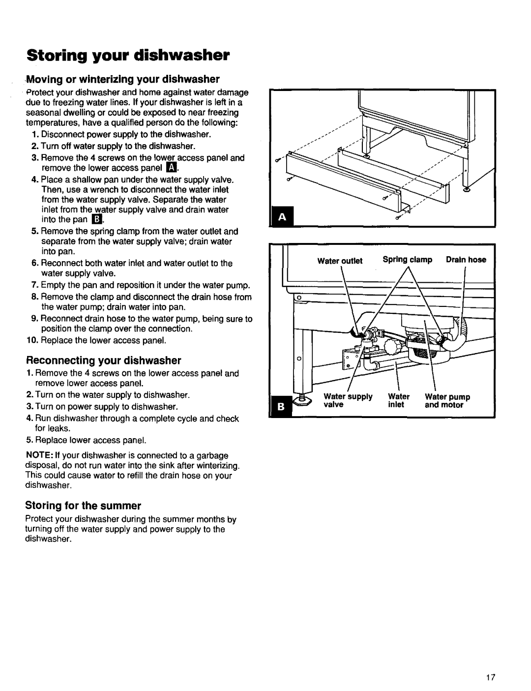 Kenmore 16795, 15795, 15791, 15798 Storing your dishwasher, Moving or winterizing your dishwasher, Storing for the summer 