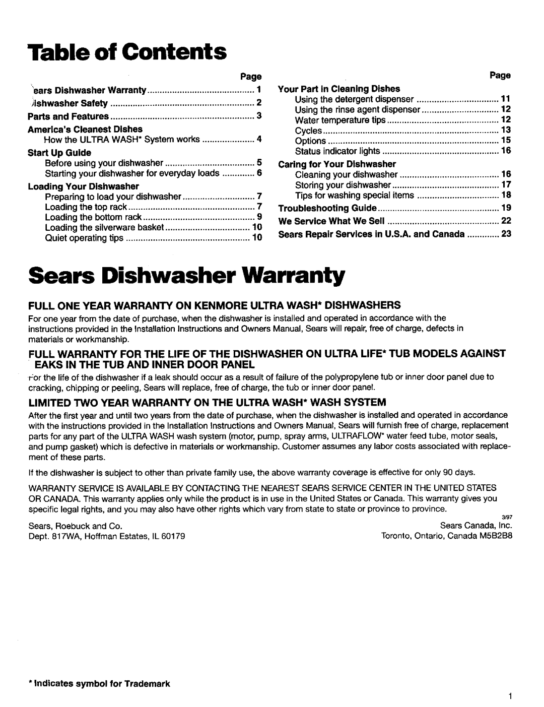 Kenmore 15791, 16795, 15795, 15798, 16798, 16791 manual Contents, Sears Dishwasher Warranty 