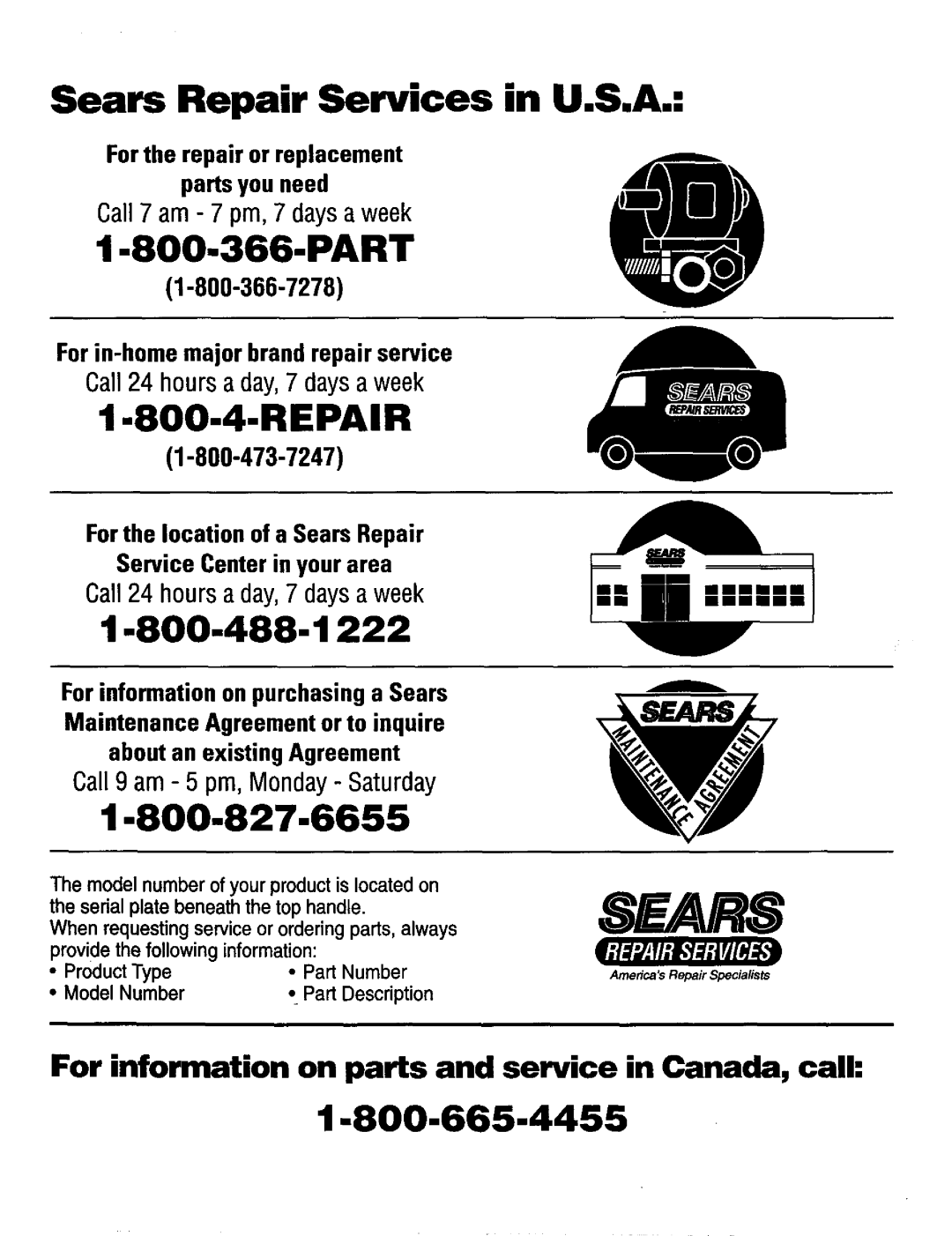 Kenmore 16795, 15795, 15791, 15798, 16798, 16791 manual Sears Repair Services, U.S.A, Product Type 