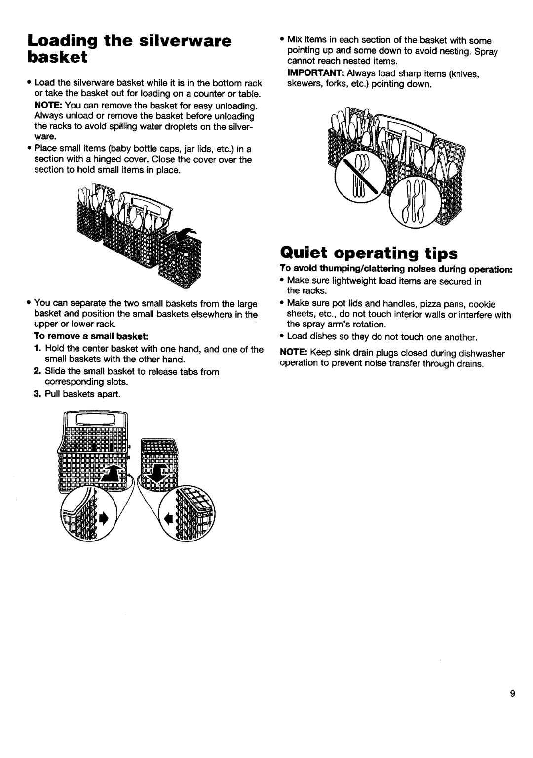 Kenmore 17801, 16808, 16805, 17805, 15850, 15808, 15801, 17808, 16801 manual Loading the silverware basket, Quiet operating tips 