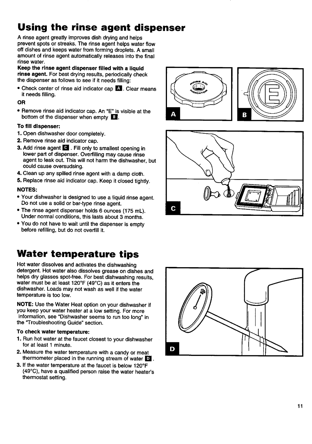 Kenmore 17805, 16808, 17801, 16805, 15850, 15808, 15801, 17808, 16801 Using the rinse agent dispenser, Water temperature tips 