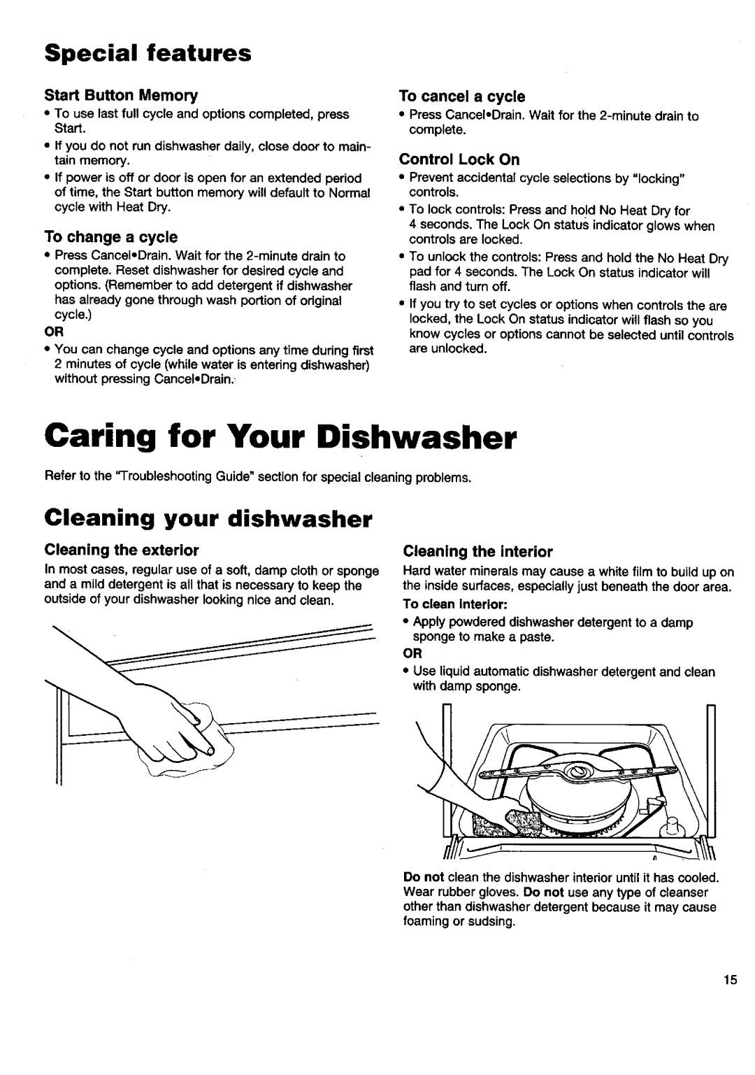 Kenmore 17808, 16808, 17801, 16805 Caring for Your Dishwasher, Special features, Cleaning your dishwasher, To change a cycle 