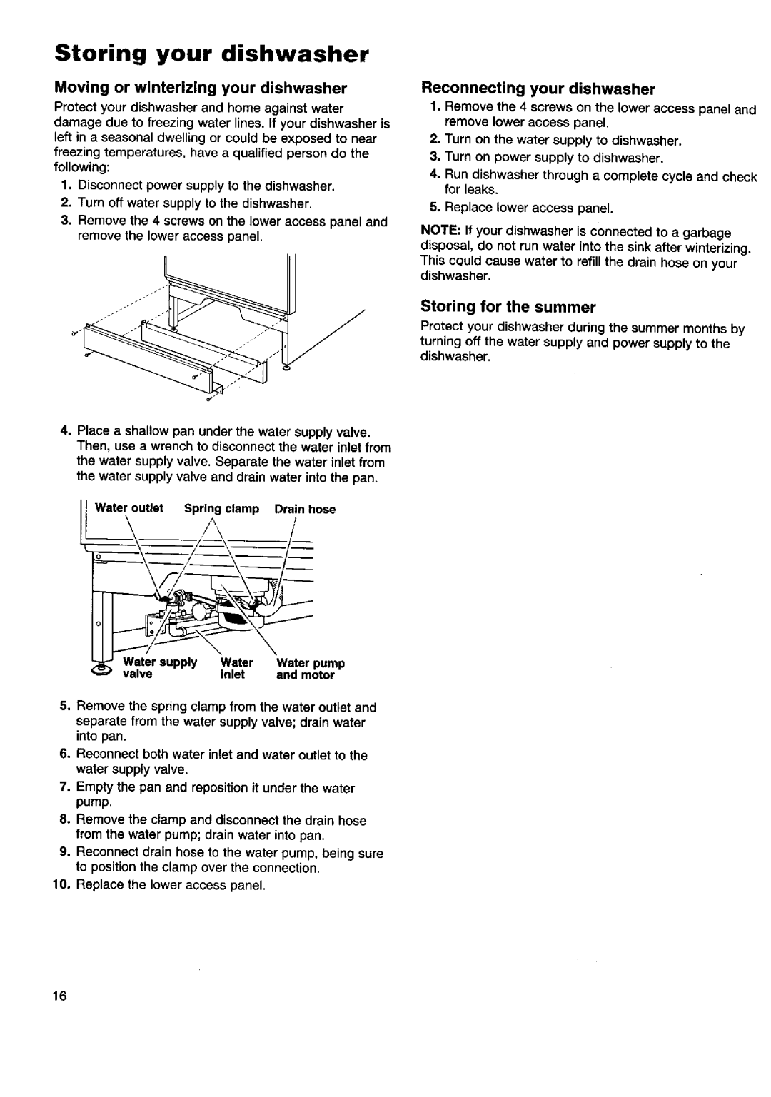 Kenmore 16801, 16808, 17801 Reconnecting your dishwasher, Storing for the summer, Moving or winterizing your dishwasher 