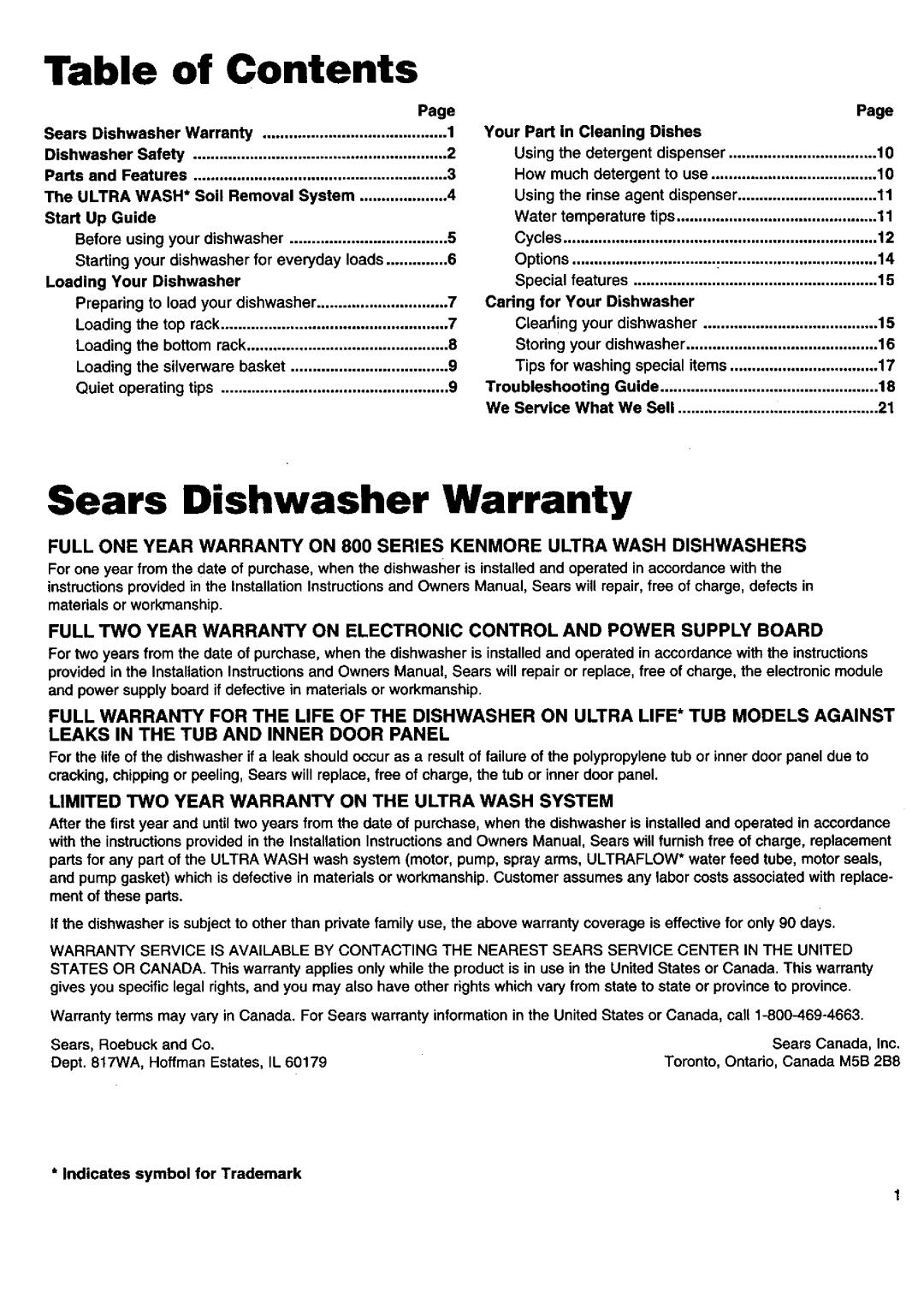 Kenmore 16805, 16808, 17801, 17805, 15850, 15808, 15801, 17808, 16801 manual Contents 