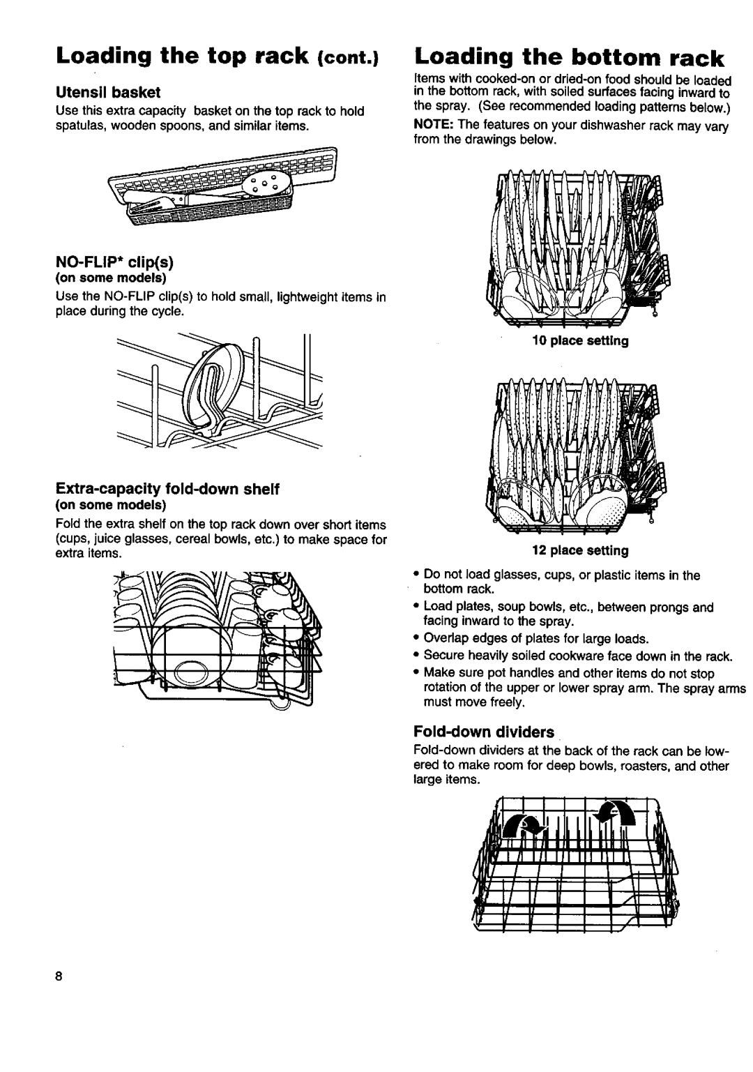 Kenmore 16808, 17801, 16805, 17805, 15850, 15808, 15801, 17808, 16801 manual Loading the bottom rack, Fold-down dividers 