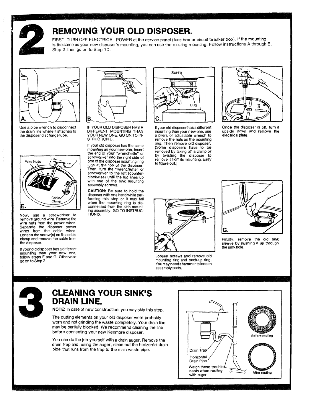 Kenmore 17568563 manual Removing Your OLD Disposer, Cleaning Your Sinks Drain Line 