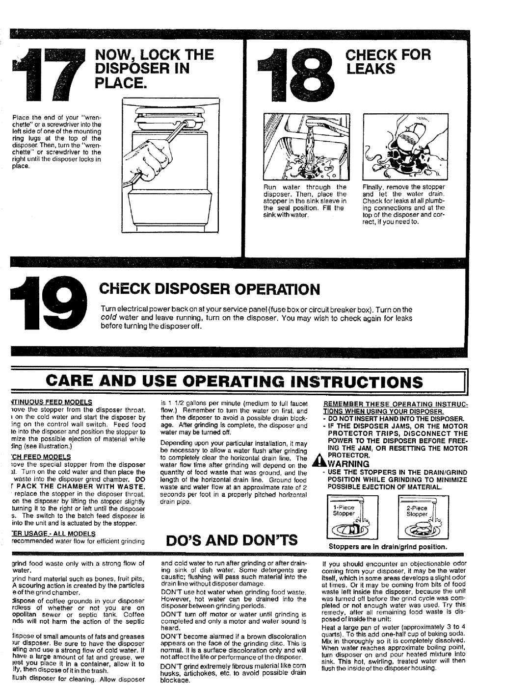 Kenmore 17568563 manual Check Disposer Operation, Care and USE Operating Instructions, Disposer PLACENOW, .LOCKTHE, Leaks 