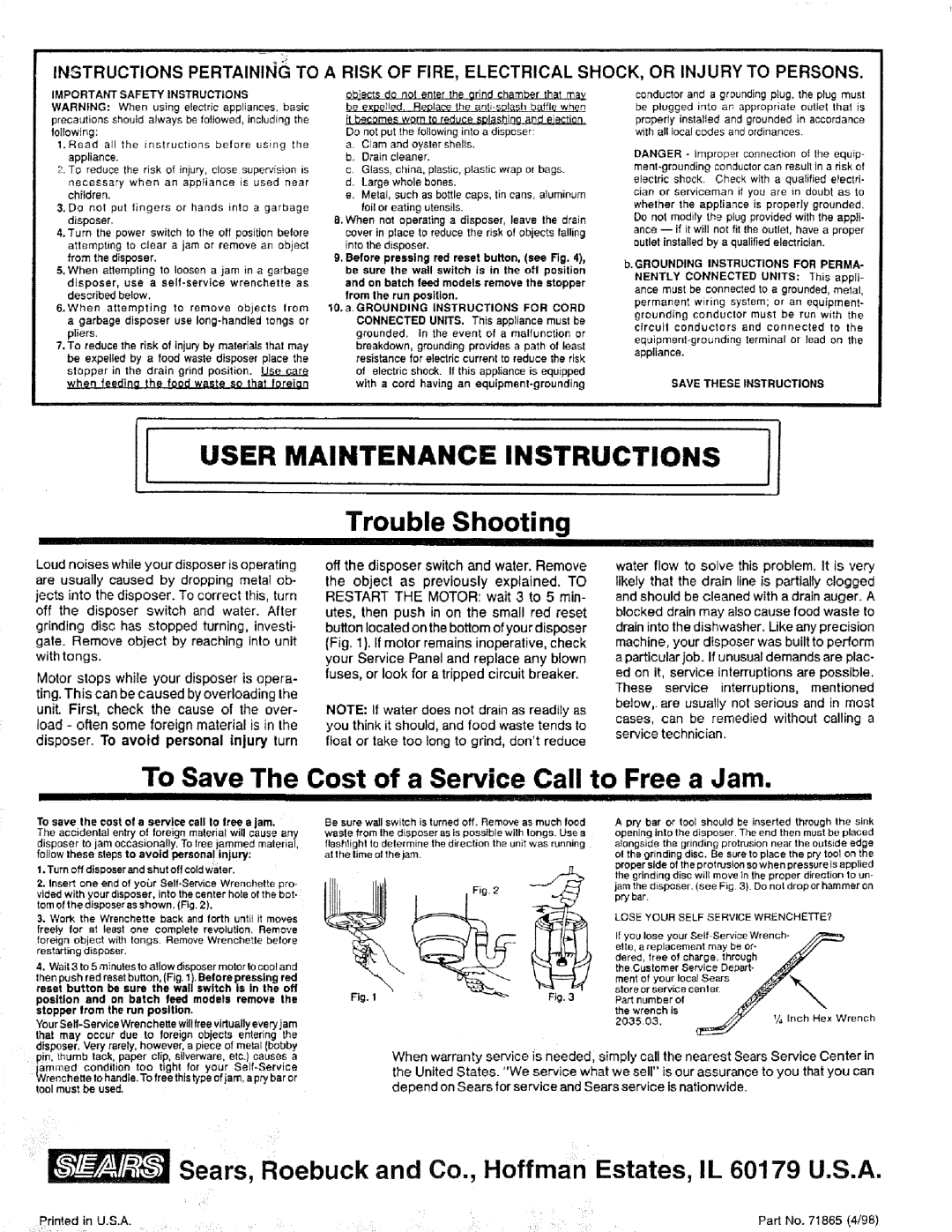 Kenmore 17568563 manual To Save The Cost of a Service Call to Free a Jam, User Maintenance Instructions, Trouble Shooting 
