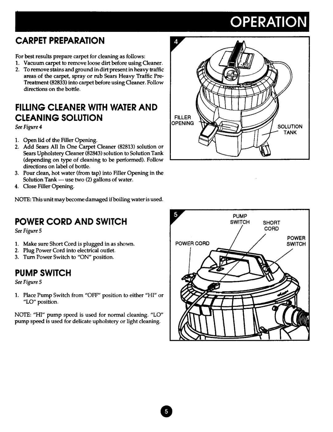 Kenmore 175.869039 manual Carpetpreparation, Cleaning Solution, Powercord and Switch, Pump Switch 