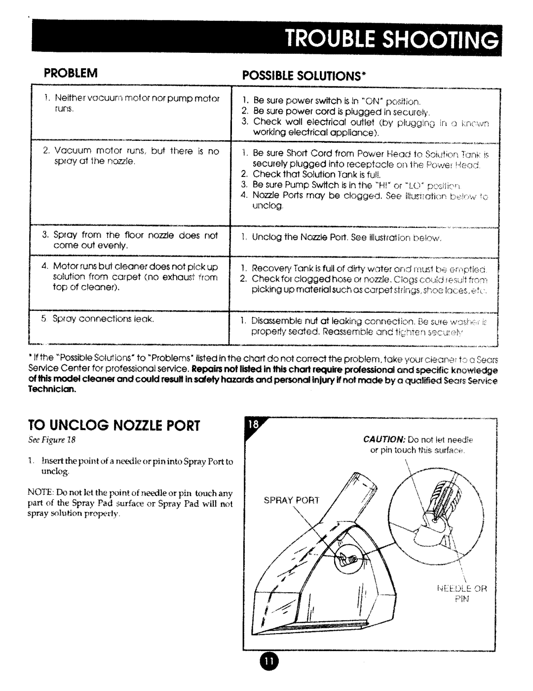 Kenmore 175.869039 manual To Unclog Nozzleport, Problem, Possible Solutions, Technician 