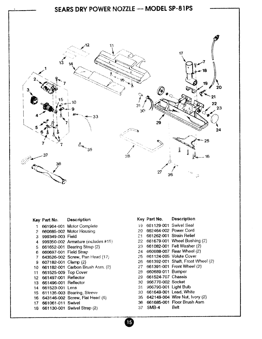 Kenmore 175.869039 manual SEARSDRY POWER NOZZLE--MODEL SP-8 I PS, Description, 661182-001 