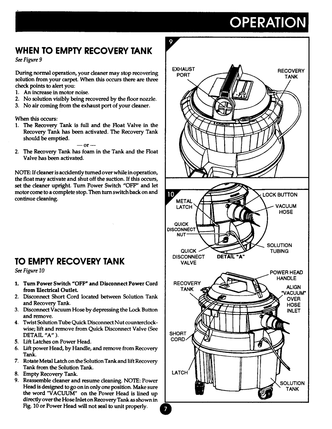 Kenmore 175.869039 manual When To Empty Recoverytank, To Emptyrecovery Tank, Exhaust, Port, Lock Button Vacuum Hose, Short 
