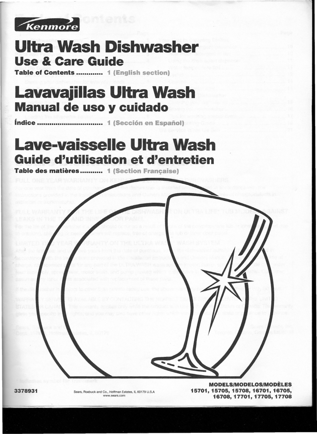 Kenmore 16708, 17705, 17701, 16705, 15705, 17708, 16701, 15701, 15708 manual 