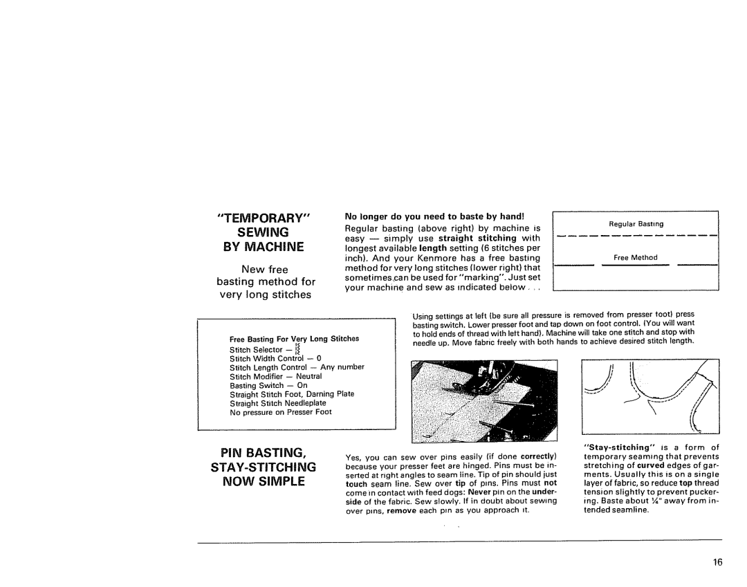 Kenmore 1791 manual Temporary, Sewing By Machine, PIN Basting STAY-STITCHING NOW Simple 