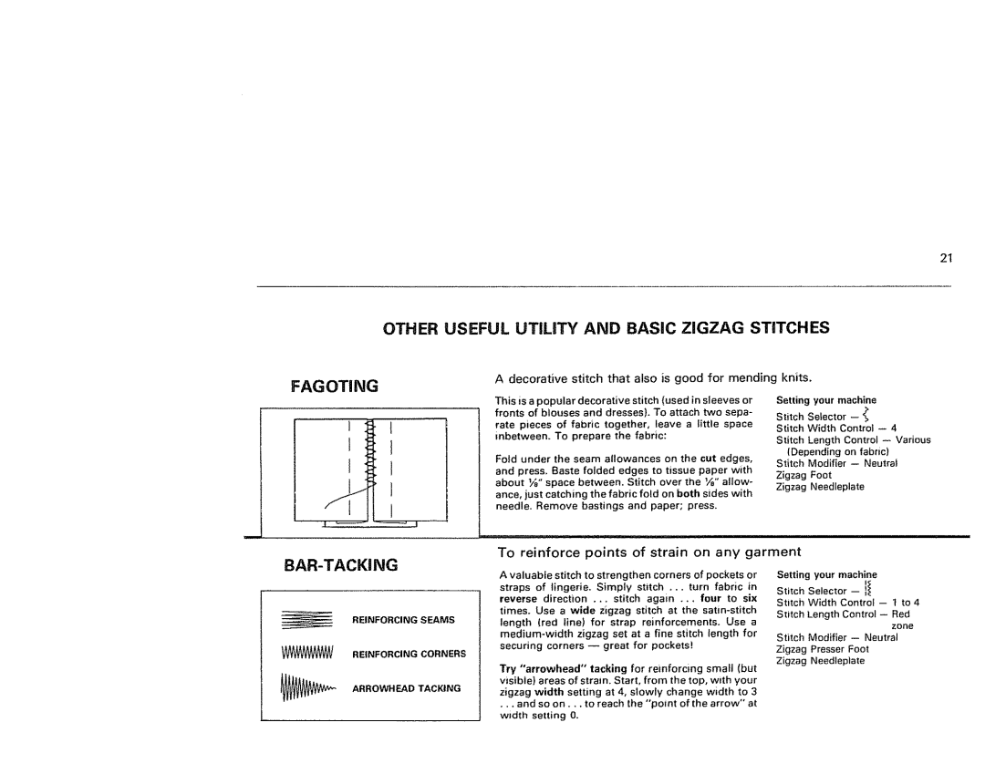 Kenmore 1791 manual Fagoting, Bar-Tacking, Decorative stitch that also is good for mending knits 