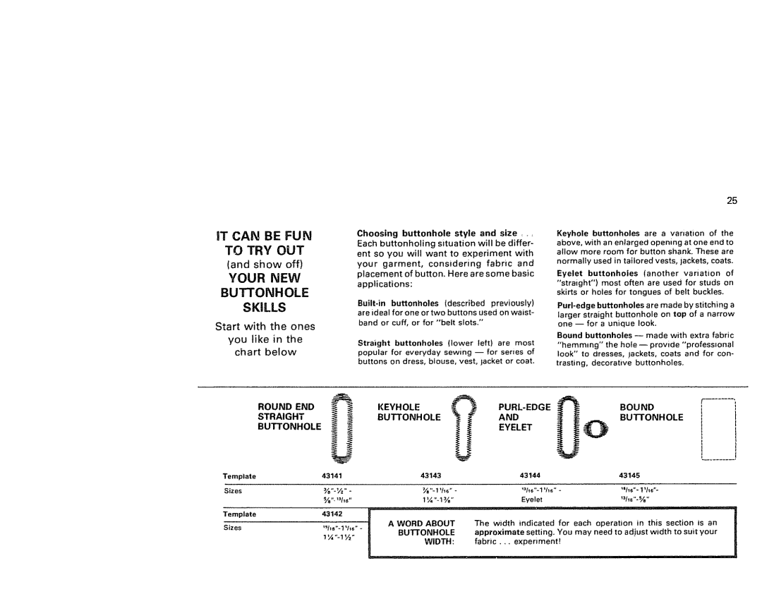 Kenmore 1791 manual Your NEW Buttonhole Skills, Start with the ones You like in the chart below, Round END 