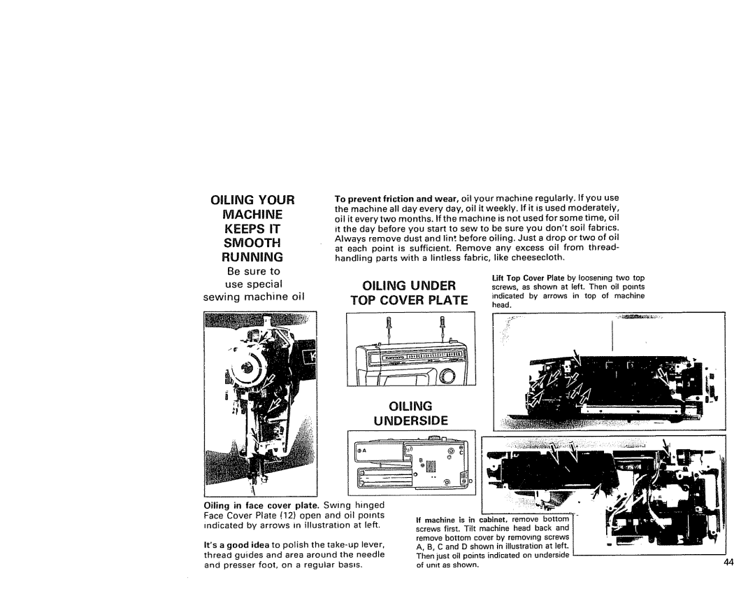 Kenmore 1791 manual Oiling Your, Keeps IT Smooth Running, Oiling Under, TOP Cover Plate, Underside 