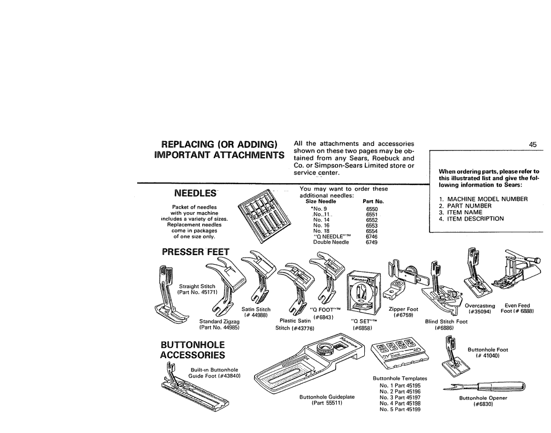 Kenmore 1791 manual Needles, Presser Feet, Accessories 