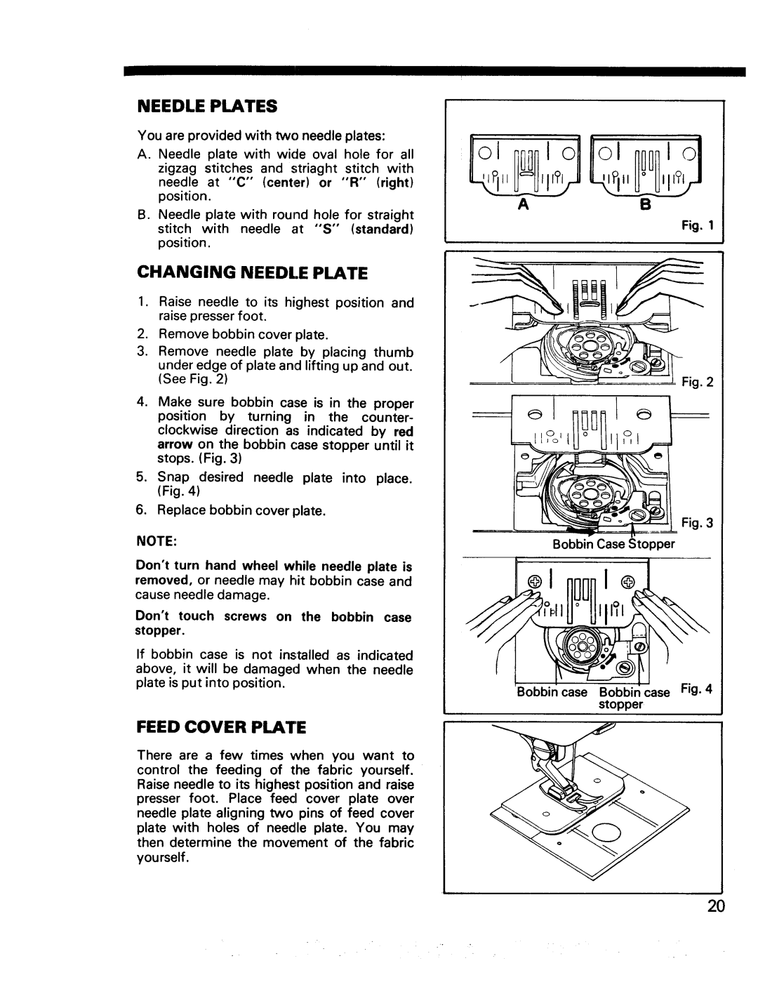 Kenmore 17922, 17920 manual Needle Plates, Changing Needle Plate, Feed Cover Plate, Bobbin case Bobbin case stopper 