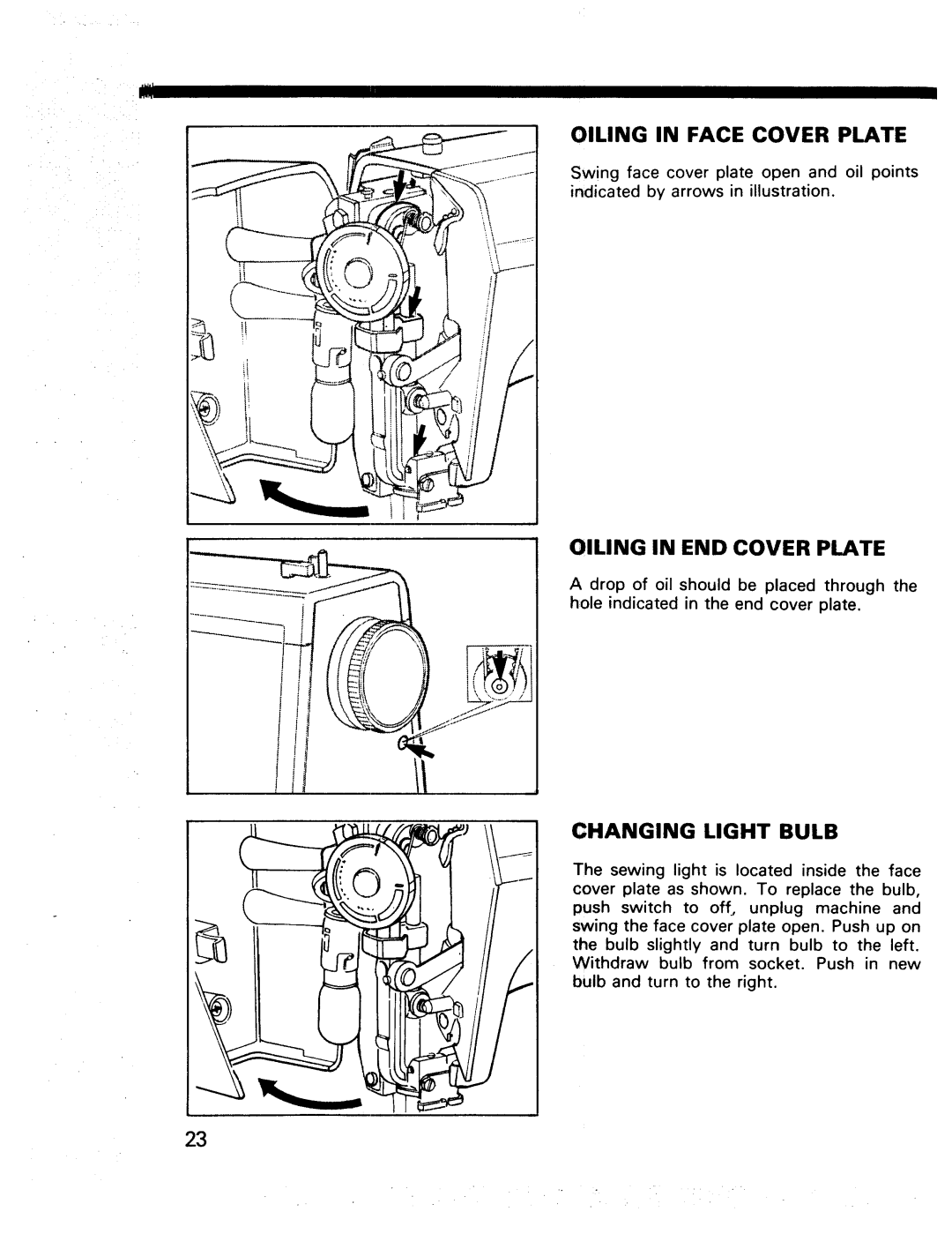 Kenmore 17920, 17922 manual Oiling in Face Cover Plate, Oiling in END Cover Plate, Changing Light Bulb 