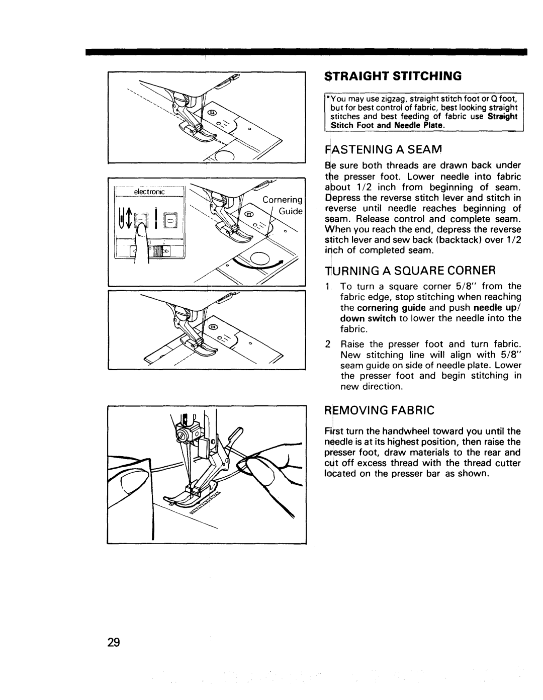 Kenmore 17920, 17922 manual Straight Stitching, Fastening a Seam, Turning a Square Corner, Removing Fabric 