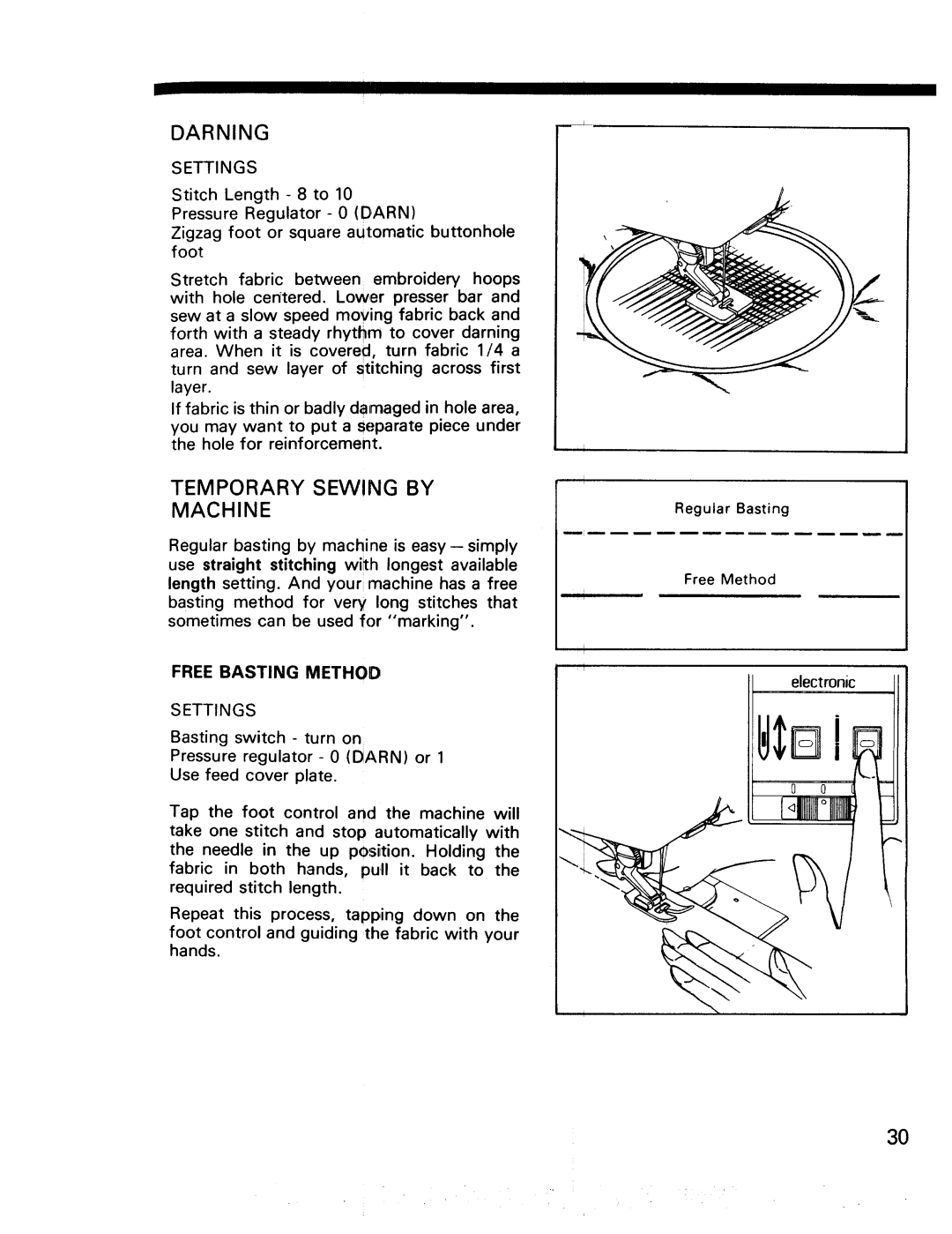 Kenmore 17922, 17920 manual Temporary Sewing by Machine, Darning, Settings, Free Basting Method 