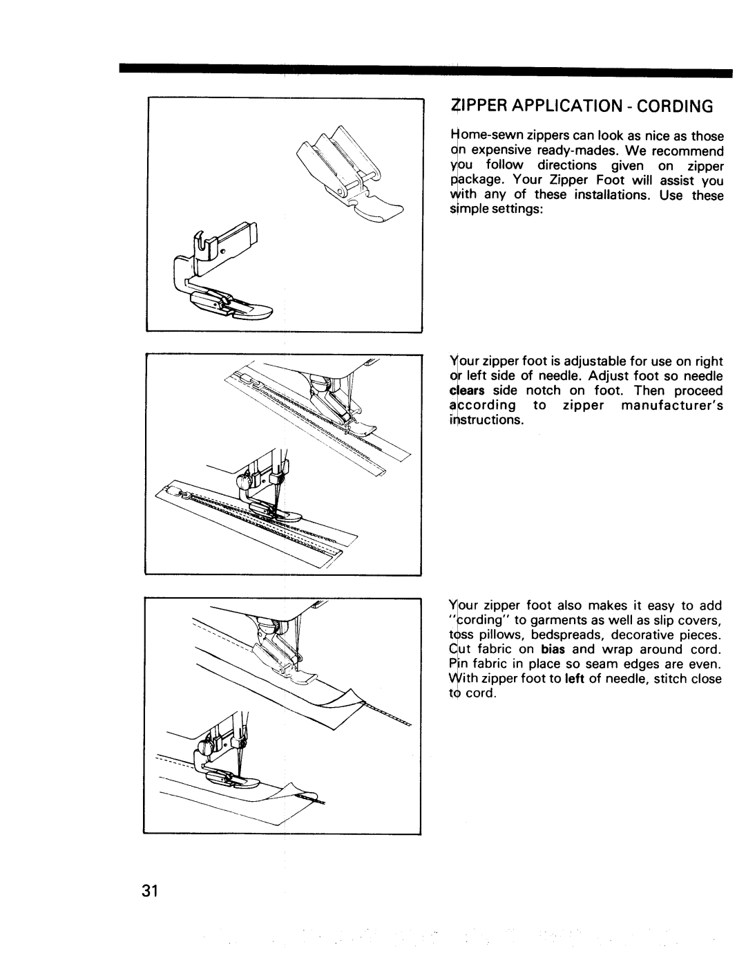 Kenmore 17920, 17922 manual Zipper Application Cording 