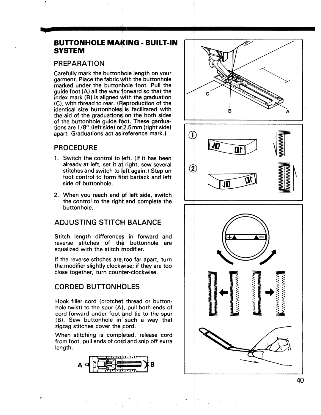 Kenmore 17922, 17920 manual Preparation, Adjusting Stitch Balance, Corded Buttonholes 