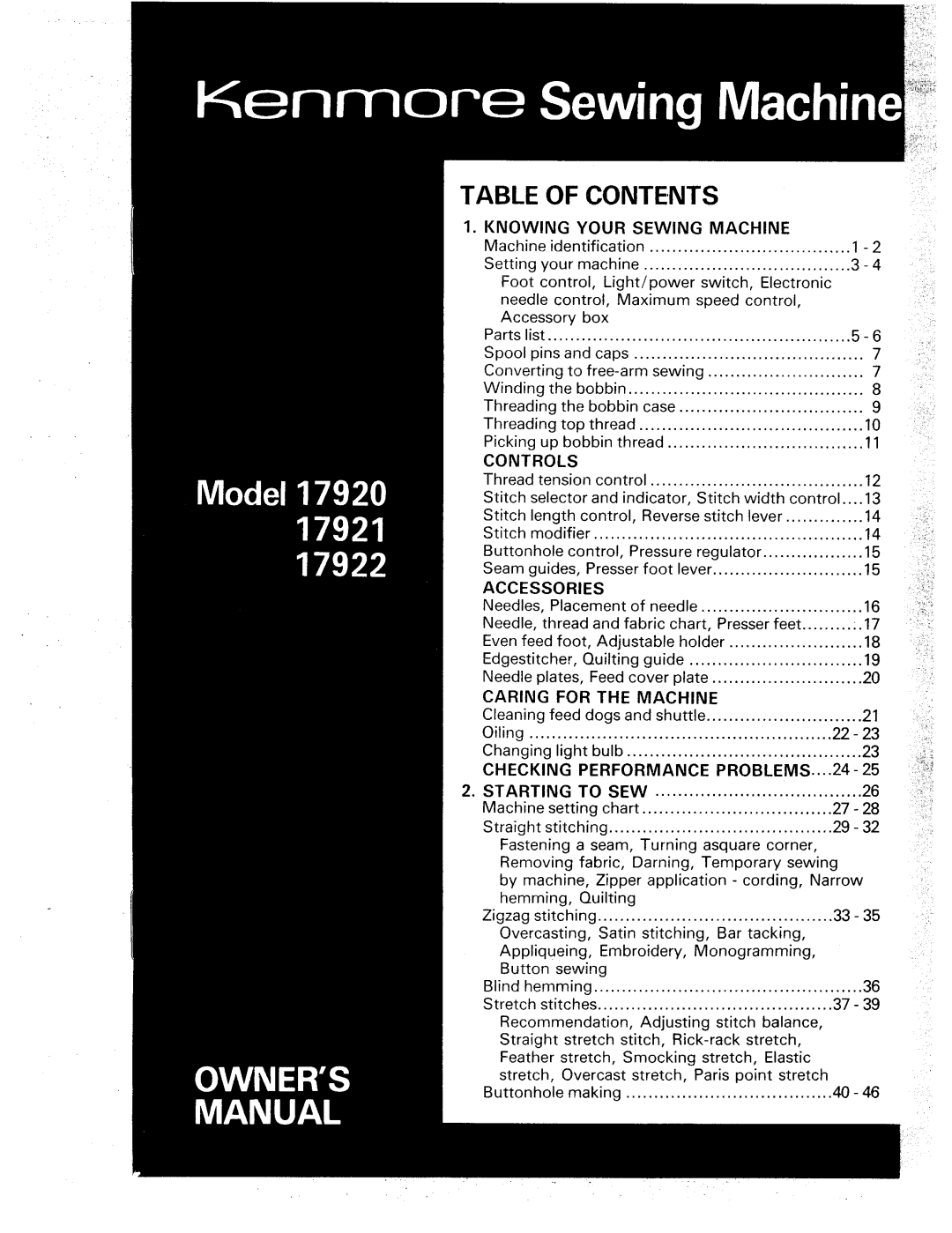 Kenmore 17922, 17920 manual Table Of Contents 