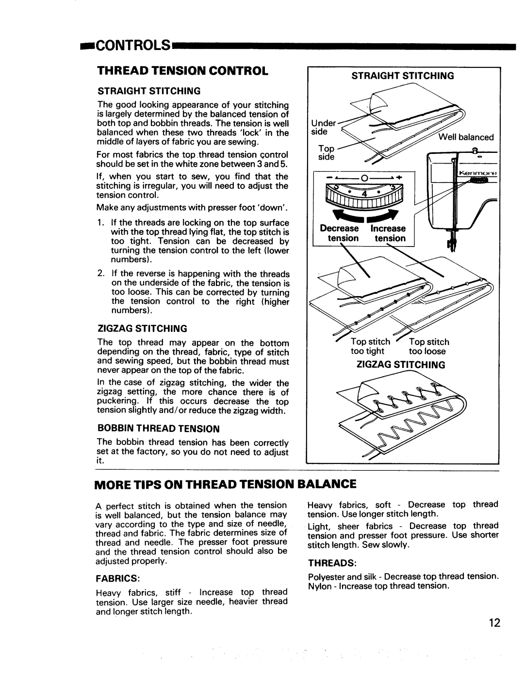 Kenmore 17922, 17920 manual Thread Tension Control, More Tips On Thread Tension, Balance, Controls 