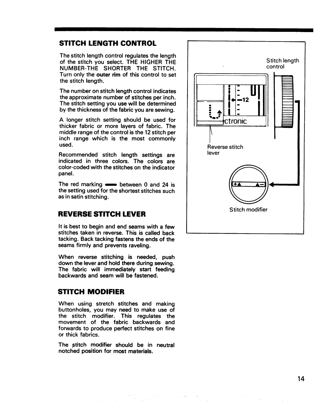 Kenmore 17922, 17920 manual ctronic, Reverse Stitch Lever, Stitch Length Control, Stitch Modifier 