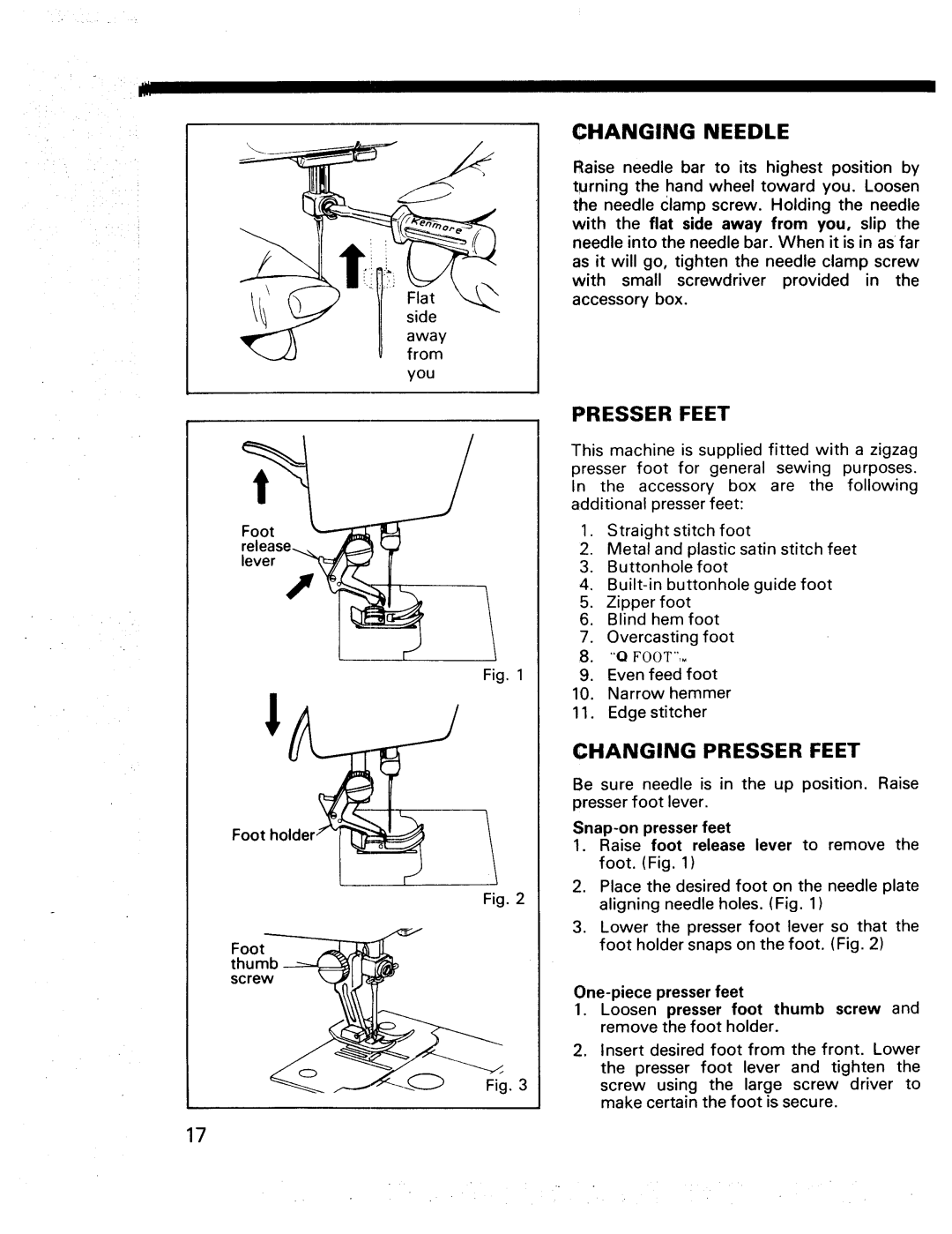 Kenmore 17920, 17922 manual Changing Needle, Changing Presser Feet 