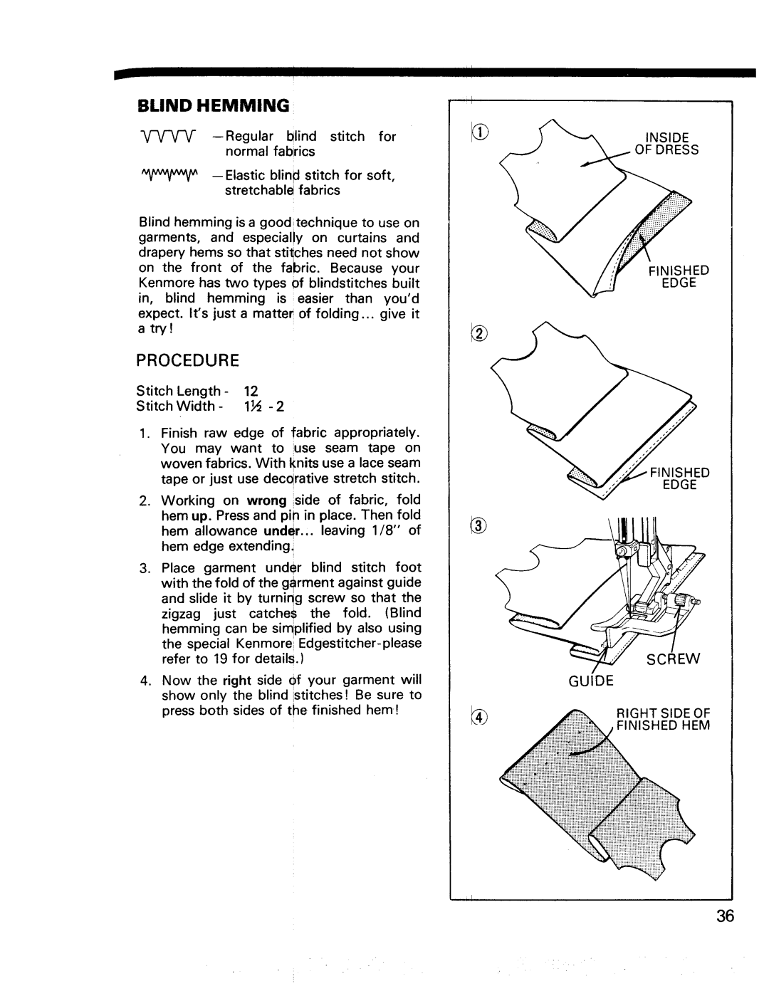 Kenmore 17922, 17920 manual Blind Hemming, Procedure 