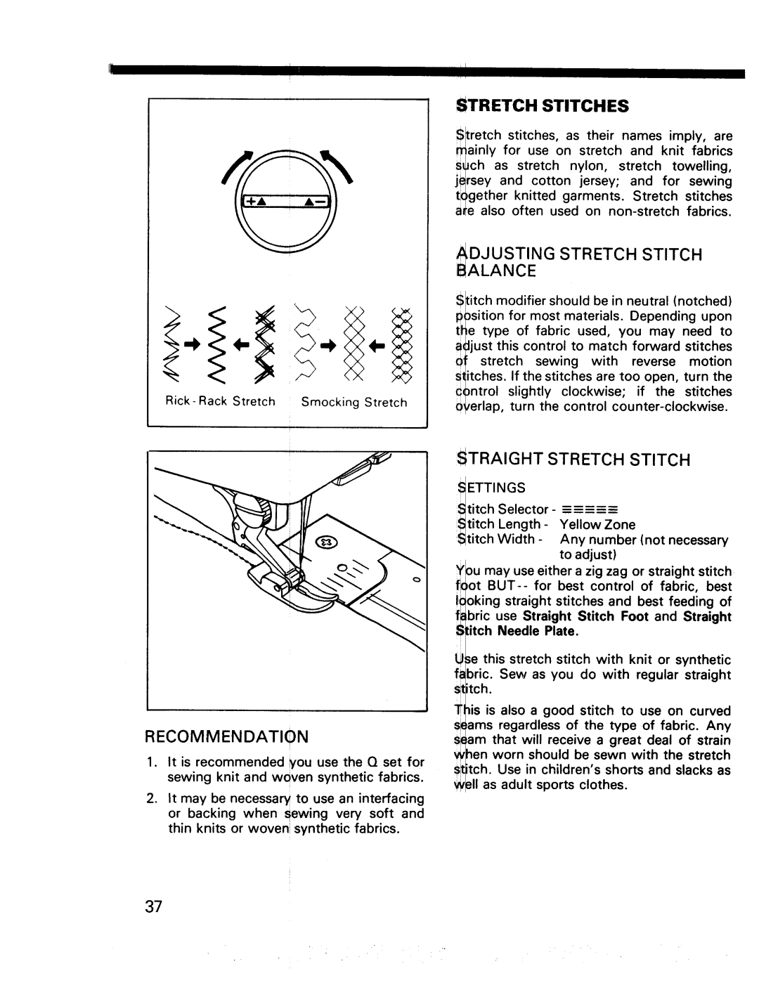 Kenmore 17920, 17922 manual lliil, Adjusting, Recommendation, Straight Stretch Stitch, Stitches, Balance, adjust 