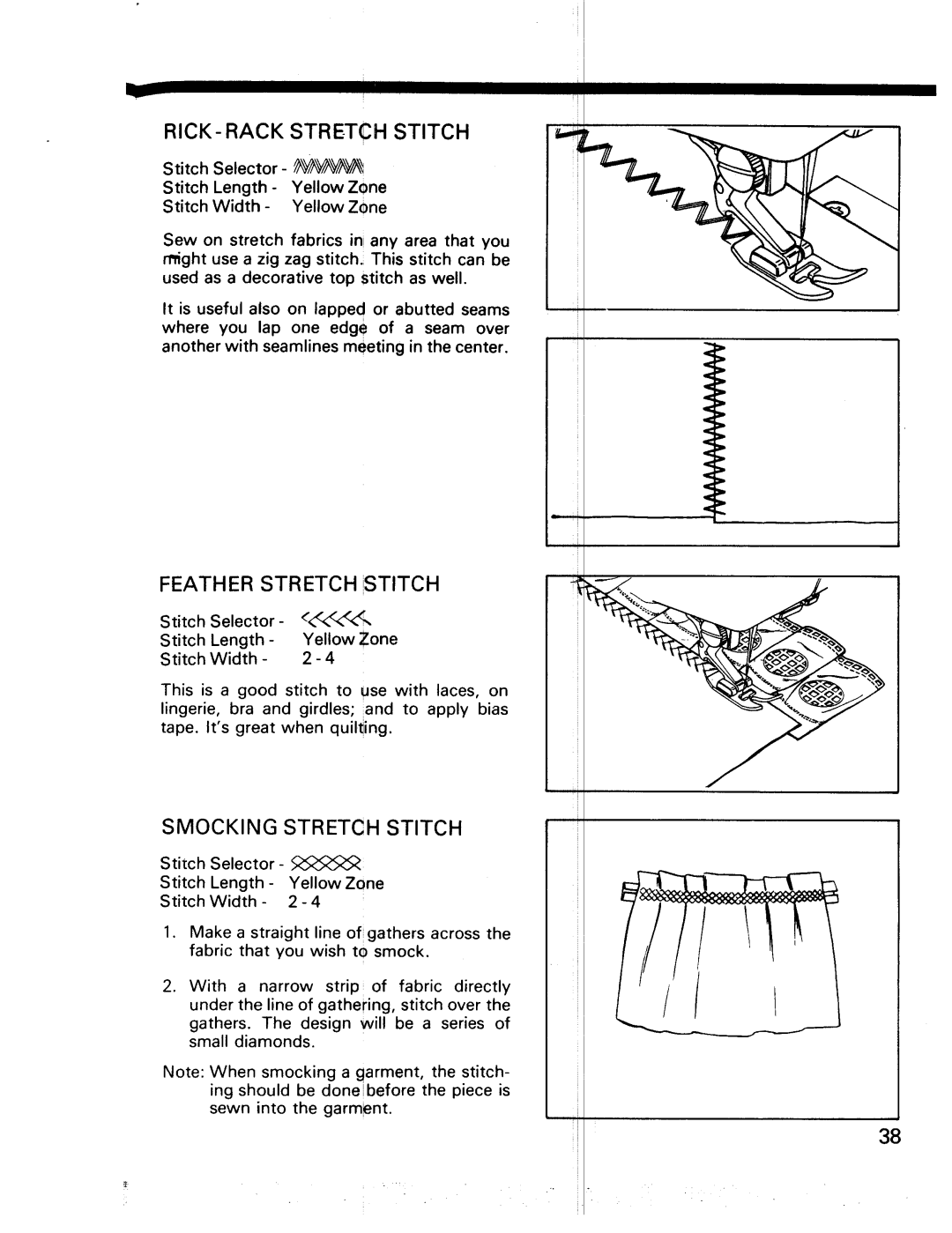 Kenmore 17922, 17920 manual Rick- Rack Stretch Stitch, FEATHER STRETCH iSTITCH, Smocking Stretch Stitch 
