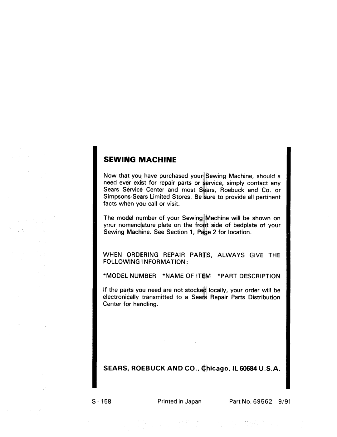 Kenmore 17920, 17922 manual Sewing Machine, SEARS, ROEBUCK AND CO., Chicago, IL 60684 U.S.A 