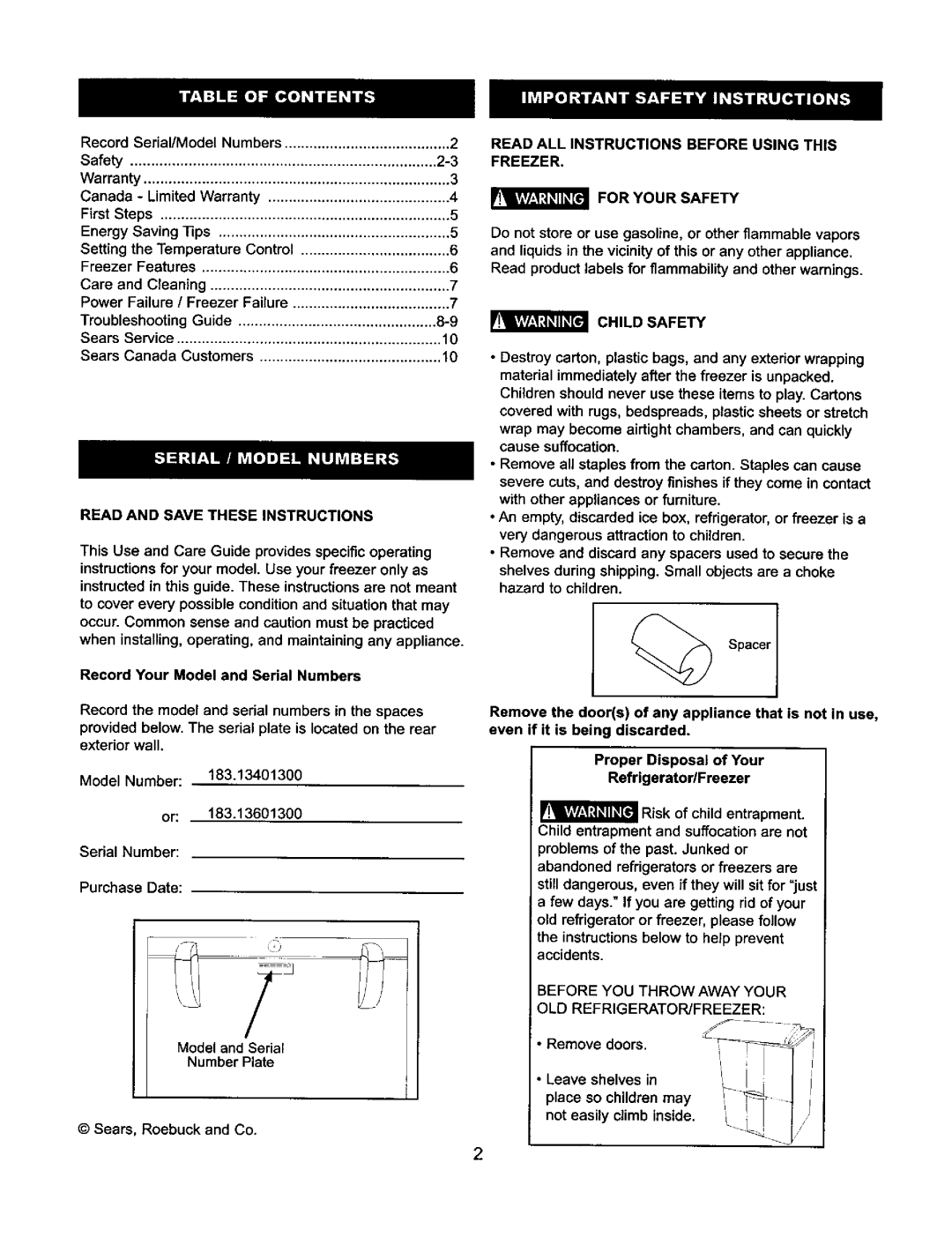 Kenmore 183.136013, 183.134013 manual Record Your Model and Serial Numbers, For Your Safety, Child Safety, Number Plate 