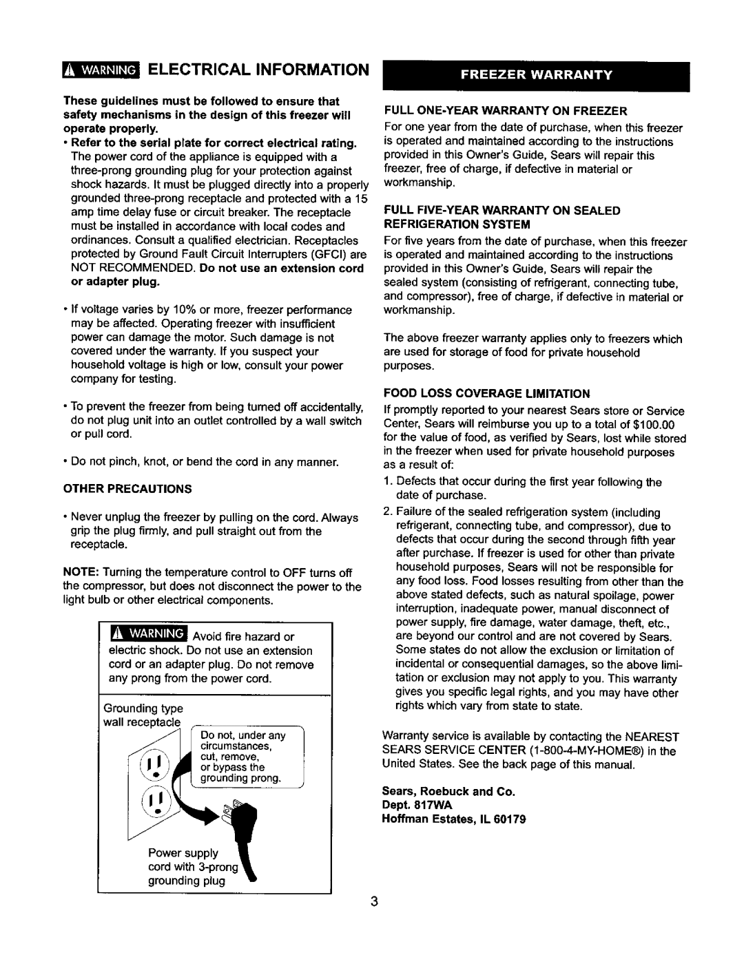 Kenmore 183.134013, 183.136013 manual Other Precautions, Full ONE-YEAR Warranty on Freezer, Food Loss Coverage Limitation 