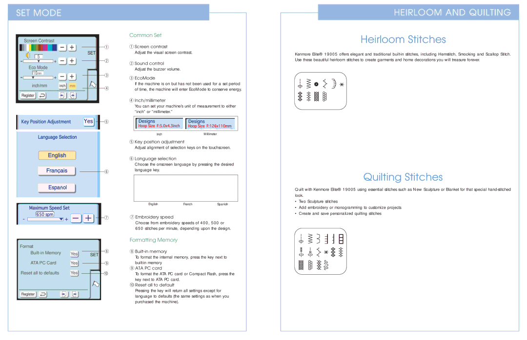 Kenmore 19005 manual SET Mode Heirloom and Quilting, Common Set, Formatting Memory 